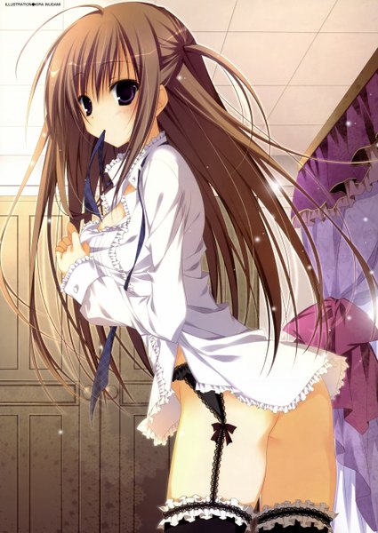 Anime picture 3950x5578 with original inugami kira single long hair tall image highres light erotic brown hair purple eyes absurdres ass mouth hold girl thighhighs black thighhighs shirt frills