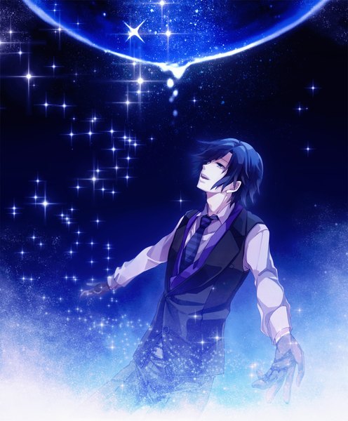 Anime picture 1240x1500 with uta no prince-sama a-1 pictures ichinose tokiya mukkun single tall image short hair open mouth purple eyes blue hair night looking up spread arms boy gloves vest