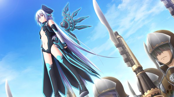 Anime picture 1536x864 with madou koukaku eushully long hair wide image yellow eyes game cg white hair mechanical wings army girl weapon fingerless gloves thigh boots beret
