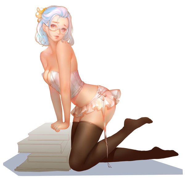 Anime picture 2000x2000 with original orry single looking at viewer highres short hair breasts blue eyes light erotic standing bare shoulders blue hair bent knee (knees) parted lips hair flower bare belly leaning leaning forward kneeling leg lift (legs lift)