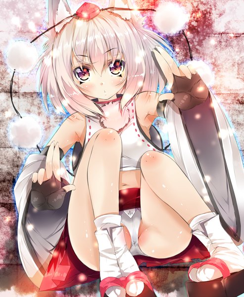 Anime picture 1500x1826 with touhou inubashiri momiji shikinyan (artist) single tall image looking at viewer blush short hair light erotic blonde hair red eyes sitting bare shoulders animal ears legs pantyshot sitting girl skirt gloves navel