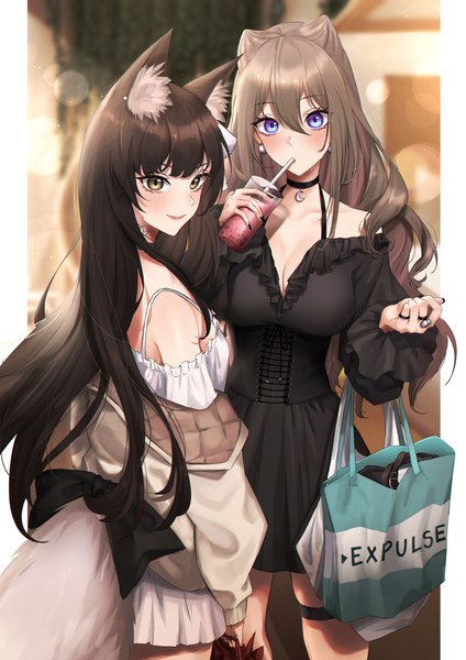 Anime picture 4000x5657 with virtual youtuber atelier live nanatsuki nana chai (vtuber) expulse long hair tall image looking at viewer blush fringe highres breasts blue eyes black hair smile hair between eyes brown hair large breasts multiple girls holding