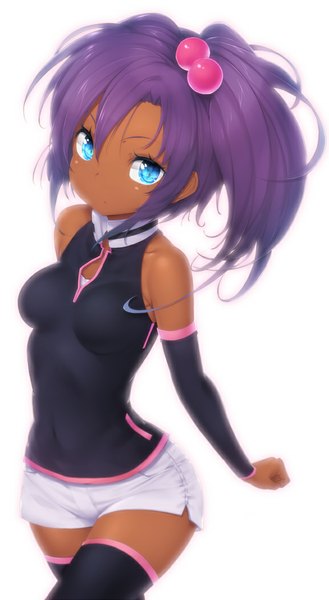 Anime picture 577x1050 with sd gundam g generation rachel ransom zizi (zz22) single long hair tall image looking at viewer blue eyes white background bare shoulders purple hair dark skin girl thighhighs hair ornament detached sleeves shorts hair tie hair bobbles white shorts