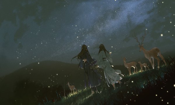 Anime picture 1920x1152 with original ibuki satsuki long hair highres black hair wide image standing multiple girls full body outdoors traditional clothes japanese clothes night dutch angle night sky holding hands hill girl 2 girls plant (plants)