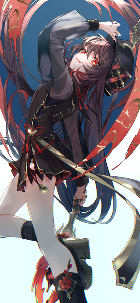 Anime picture 900x1950 with genshin impact hu tao (genshin impact) nemumi no sora single long hair tall image fringe hair between eyes red eyes brown hair twintails adjusting hat adapted costume girl weapon hat spear