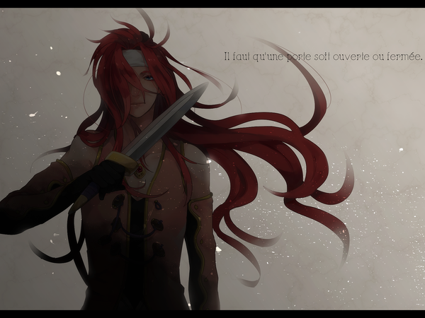 Anime picture 1600x1200 with tales of (series) tales of symphonia zelos wilder yon (artist) single long hair fringe red hair hair over one eye boy weapon knife hachimaki