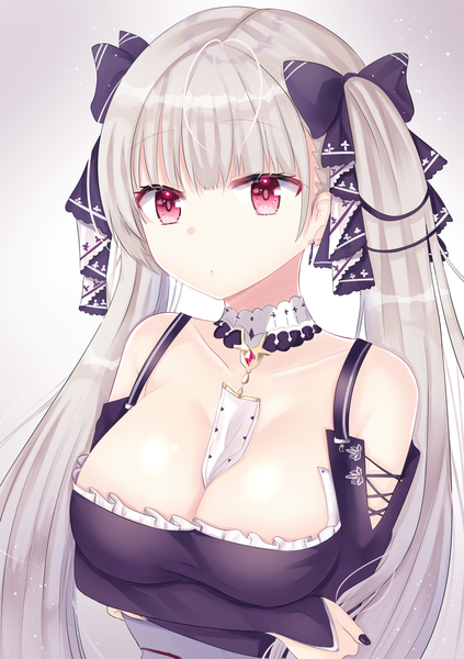 Anime picture 900x1275 with azur lane formidable (azur lane) nibosi single long hair tall image fringe breasts light erotic simple background large breasts twintails looking away cleavage silver hair upper body ahoge pink eyes grey background between breasts
