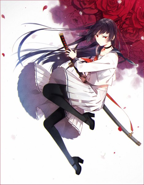 Anime picture 1000x1281 with original hakusai (tiahszld) single long hair tall image looking at viewer fringe black hair red eyes white background full body bent knee (knees) pleated skirt high heels jumping fighting stance serious girl skirt uniform