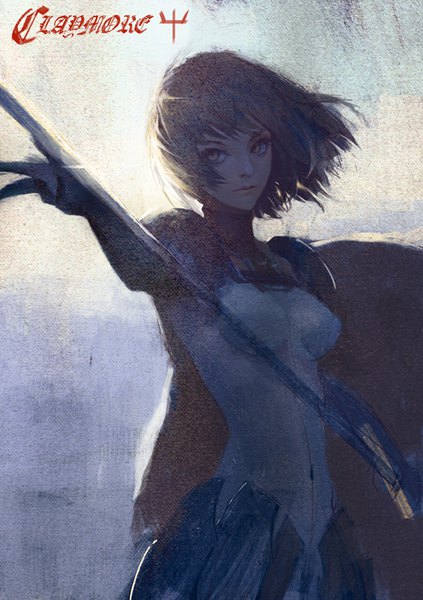 Anime picture 595x842 with claymore madhouse clare (claymore) yin wo eren single tall image looking at viewer fringe short hair breasts blonde hair standing holding yellow eyes copyright name floating hair covered navel serious girl weapon