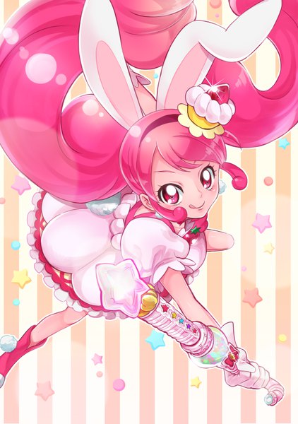 Anime-Bild 4928x6999 mit precure kirakira precure a la mode toei animation usami ichika cure whip sharumon single long hair tall image looking at viewer highres twintails animal ears pink hair absurdres pink eyes from above bunny ears puffy sleeves :q