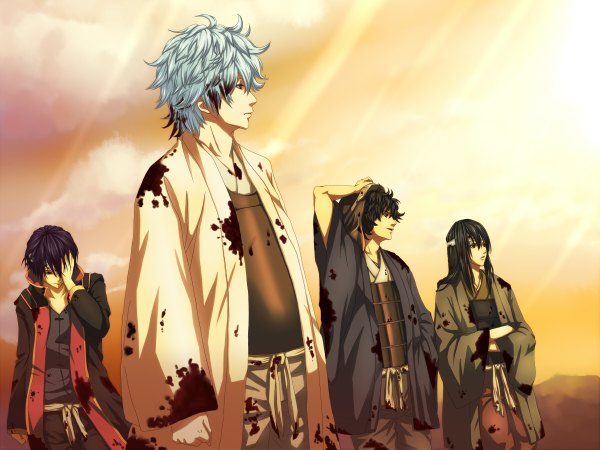 Anime picture 1200x900 with gintama sunrise (studio) sakata gintoki takasugi shinsuke katsura kotarou shiroyasha sakamoto tatsuma (ave) no < tsuitta long hair short hair blue eyes black hair red eyes brown hair purple eyes brown eyes silver hair purple hair japanese clothes profile