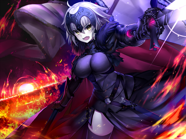 Anime picture 1052x789 with fate (series) fate/grand order jeanne d'arc (fate) (all) jeanne d'arc alter (fate) gendo0032 single looking at viewer fringe short hair breasts open mouth light erotic hair between eyes large breasts yellow eyes silver hair ahoge girl weapon sword