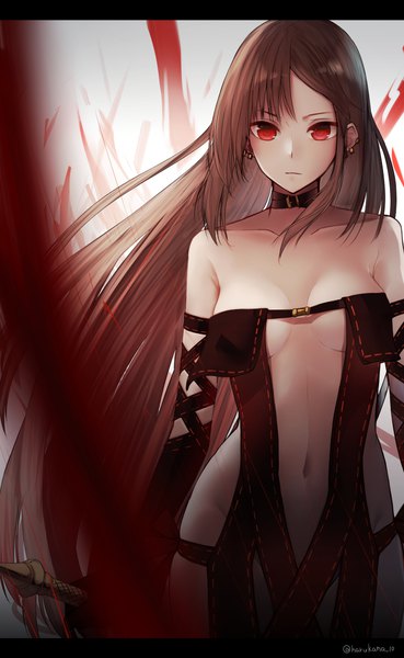 Anime picture 720x1170 with fate (series) fate/grand order yu mei-ren (fate) harukana (harukana 10) single long hair tall image looking at viewer blush fringe breasts light erotic simple background red eyes brown hair standing bare shoulders signed fur trim twitter username