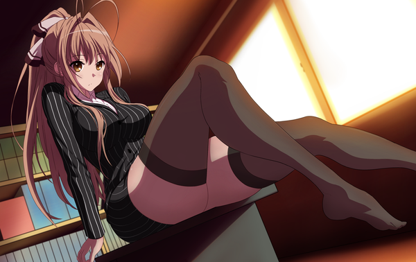 Anime picture 1872x1182 with amagi brilliant park kyoto animation sento isuzu single long hair highres light erotic brown hair brown eyes ponytail legs girl thighhighs black thighhighs suit