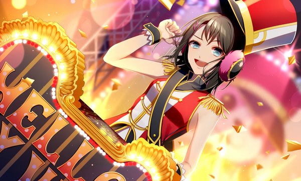 Anime picture 2000x1200 with bang dream! michelle (bang dream!) okusawa misaki asd13 single looking at viewer highres short hair open mouth blue eyes brown hair wide image :d arm up dj girl headphones wrist cuffs confetti epaulettes