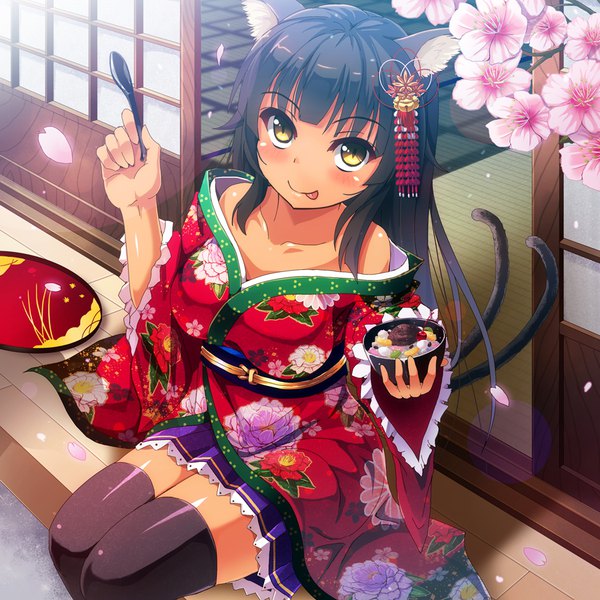 Anime picture 900x900 with ayakashi hyakkiyakou original tashimu single long hair looking at viewer blush fringe black hair sitting bare shoulders animal ears yellow eyes bent knee (knees) outdoors tail traditional clothes animal tail pleated skirt arm up