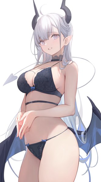 Anime picture 1469x2656 with original thea (nekojira) nekojira single long hair tall image looking at viewer fringe breasts light erotic simple background large breasts standing white background cleavage silver hair ahoge tail parted lips pointy ears