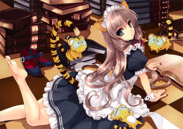 Anime picture 3218x2270 with original comic toranoana kotora (toranoana) misaki kurehito single long hair looking at viewer highres blue eyes brown hair absurdres indoors lying nail polish barefoot arm support short sleeves maid wavy hair on stomach