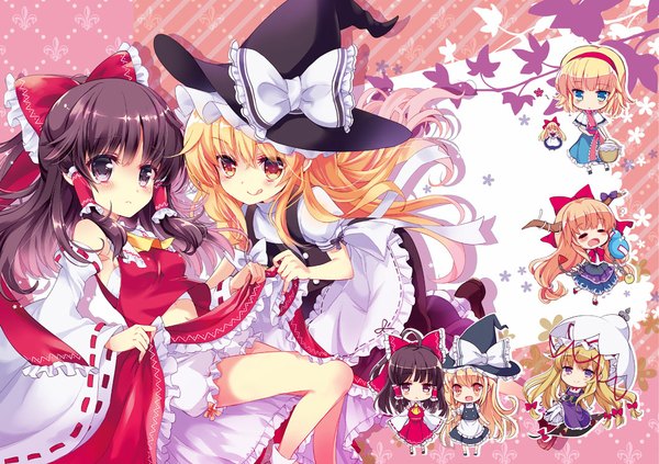 Anime picture 1056x746 with touhou hakurei reimu kirisame marisa yakumo yukari alice margatroid ibuki suika shanghai mitsuk long hair looking at viewer short hair open mouth blue eyes light erotic black hair blonde hair smile purple eyes multiple girls eyes closed