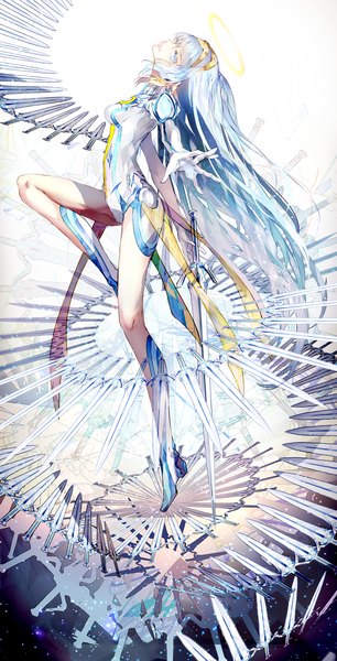 Anime picture 900x1760 with beatmania beatmania iidx cuvelia (beatmania iidx) rooseputo 02 single tall image looking at viewer breasts blue eyes blue hair bent knee (knees) white hair very long hair head tilt profile multicolored hair arm up sparkle outstretched arm gradient hair