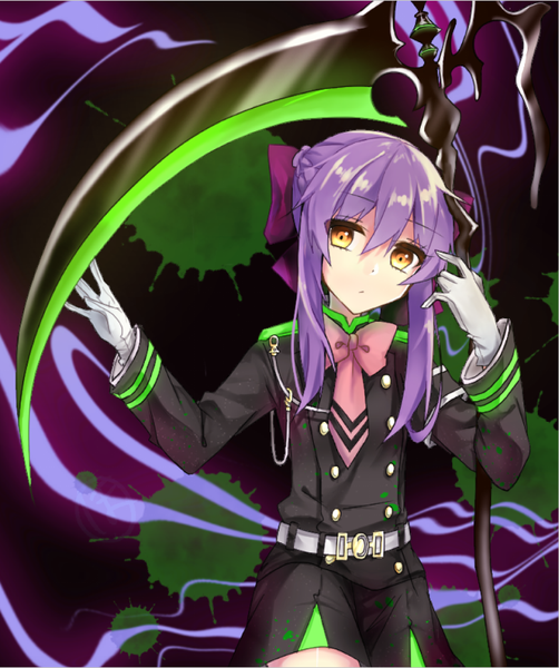 Anime picture 727x868 with owari no seraph wit studio hiiragi shinoa honyarara single long hair tall image looking at viewer fringe yellow eyes purple hair outstretched arm girl gloves uniform weapon white gloves military uniform scythe armband