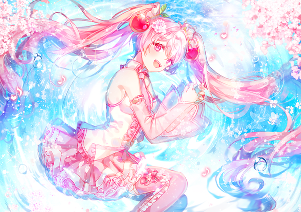 Anime picture 900x636 with vocaloid hatsune miku sakura miku shina (sbk951121) single long hair looking at viewer fringe open mouth smile hair between eyes twintails bare shoulders payot pink hair ahoge bent knee (knees) outdoors lying :d