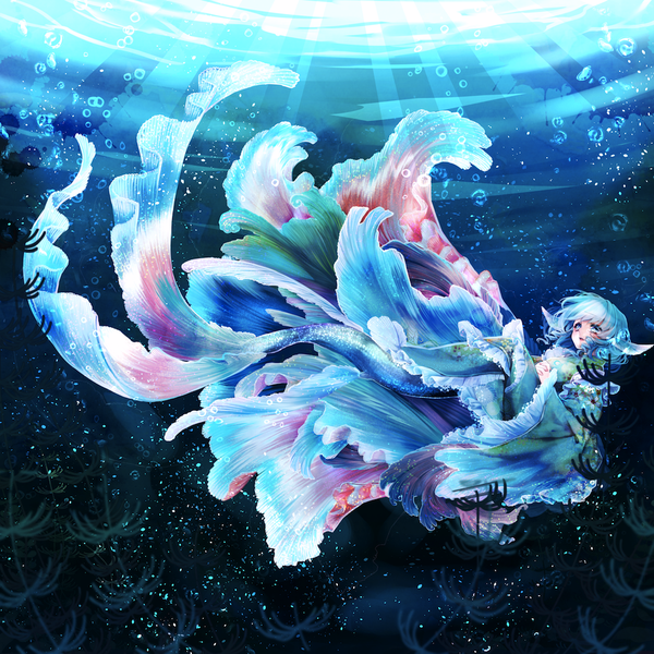 Anime picture 1024x1024 with touhou wakasagihime mokokiyo (asaddr) single short hair blue eyes blue hair looking away traditional clothes japanese clothes sunlight drill hair underwater monster girl girl frills kimono obi bubble (bubbles) sash