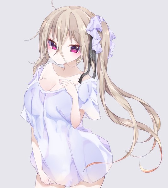 Anime picture 1028x1154 with original chico152 single long hair tall image looking at viewer fringe breasts simple background brown hair large breasts standing bare shoulders ahoge pink eyes grey background side ponytail hand on chest girl ribbon (ribbons)
