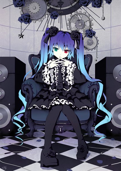 Anime picture 750x1061 with vocaloid hatsune miku nyanya single tall image looking at viewer sitting twintails multicolored hair two-tone hair heterochromia girl dress flower (flowers) petals shoes rose (roses) gears speakers black rose
