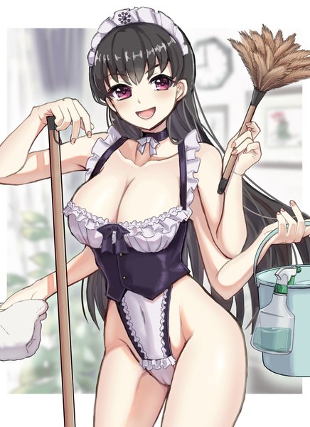 Anime-Bild 2000x2750 mit original nakata shizu single long hair tall image looking at viewer fringe highres breasts open mouth light erotic black hair smile large breasts standing purple eyes holding blunt bangs :d maid
