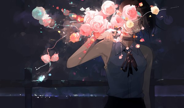 Anime picture 4912x2894 with chainsaw man mappa reze (chainsaw man) alengzzz single highres short hair black hair wide image absurdres upper body head tilt sleeveless covering expressionless covering face girl flower (flowers) choker