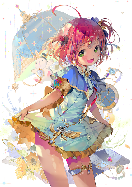 Anime picture 900x1273 with qurare: magic library sella (qurare) crab d single tall image looking at viewer short hair open mouth simple background standing white background holding green eyes pink hair ahoge bare legs two side up shaded face girl dress