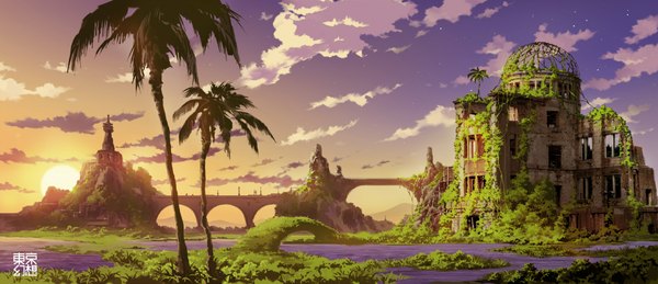 Anime picture 2000x866 with original tokyogenso highres wide image sky evening sunset landscape ruins panorama post-apocalyptic overgrown plant (plants) tree (trees) building (buildings) palm tree bridge