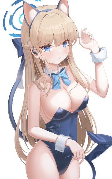 Anime picture 5022x7986 with blue archive toki (blue archive) toki (bunny) (blue archive) siru single long hair tall image looking at viewer blush fringe highres breasts blue eyes light erotic simple background blonde hair large breasts standing white background bare shoulders