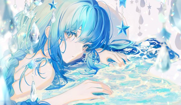 Anime picture 1662x970 with original lium single long hair looking at viewer fringe hair between eyes wide image yellow eyes blue hair upper body lying shadow on stomach girl water star (symbol)