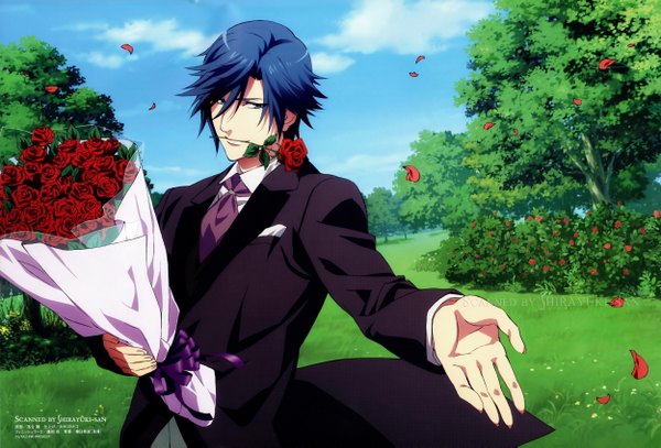 Anime picture 5000x3393 with uta no prince-sama a-1 pictures ichinose tokiya single looking at viewer highres short hair blue eyes standing blue hair absurdres sky cloud (clouds) scan boy flower (flowers) plant (plants) petals tree (trees) necktie