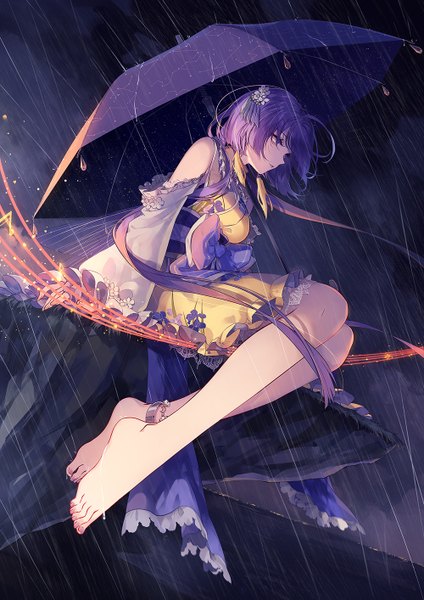 Anime picture 1000x1414 with touhou tsukumo benben kieta single long hair tall image fringe hair between eyes sitting purple eyes bare shoulders looking away purple hair full body outdoors barefoot wind night wide sleeves arm support