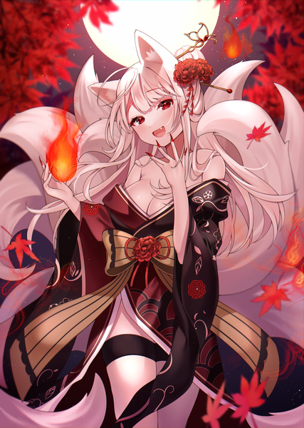 Anime picture 1528x2149 with original reel (riru) single long hair tall image looking at viewer breasts open mouth light erotic smile red eyes large breasts bare shoulders animal ears cleavage outdoors white hair tail nail polish traditional clothes