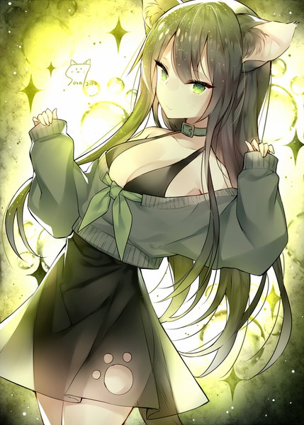 Anime picture 1260x1760 with original touwa nikuman single long hair tall image looking at viewer fringe breasts light erotic black hair simple background hair between eyes standing bare shoulders green eyes signed animal ears cat ears off shoulder dutch angle