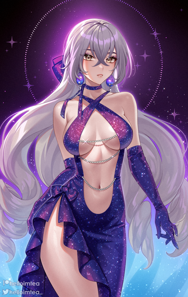 Anime picture 759x1200 with honkai: star rail honkai (series) bronya rand helloimtea single long hair tall image fringe breasts light erotic hair between eyes large breasts signed yellow eyes looking away silver hair sparkle alternate costume twitter username drill hair
