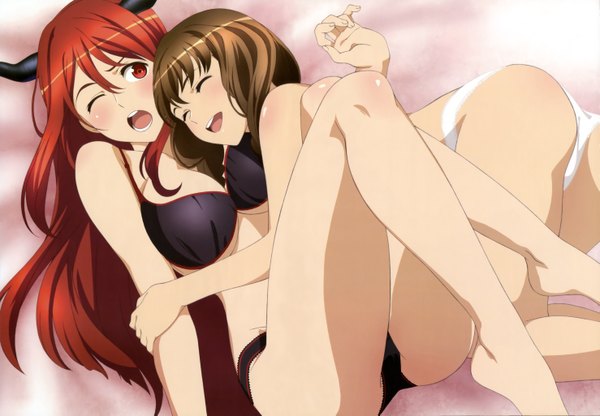 Anime picture 5906x4097 with maoyuu maou yuusha nyantype arms corporation maou (maoyuu) maid ane (maoyuu) long hair blush highres open mouth light erotic red eyes brown hair multiple girls absurdres red hair eyes closed one eye closed horn (horns) wink official art