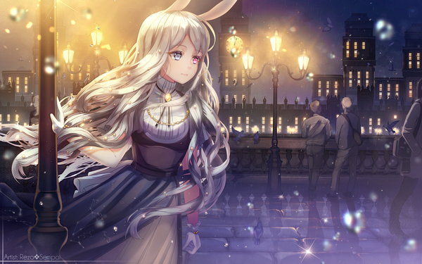 Anime picture 4000x2500 with original rezo-sempai long hair fringe highres standing signed animal ears looking away absurdres silver hair outdoors pink eyes wind blurry night sparkle grey eyes bunny ears heterochromia