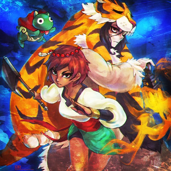 Anime picture 3503x3503 with indivisible (game) ajna (indivisible) razmi (indivisible) monori rogue long hair looking at viewer highres short hair black hair red eyes multiple girls absurdres red hair black eyes dark skin eyebrows fighting stance girl weapon 2 girls