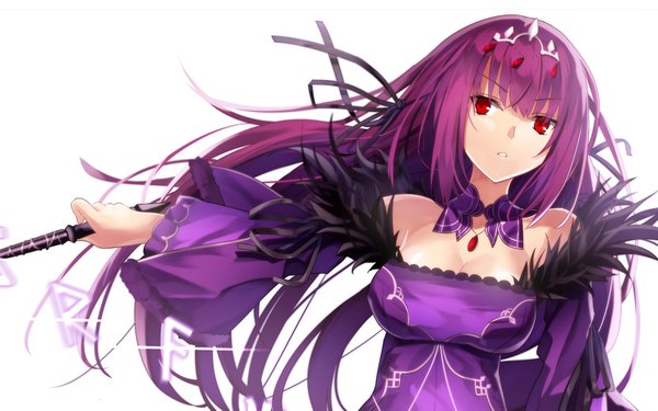 Anime picture 1769x1107 with fate (series) fate/grand order scathach (fate) (all) scathach skadi (fate) minamina single long hair fringe highres simple background hair between eyes red eyes white background bare shoulders holding cleavage purple hair upper body parted lips wide sleeves