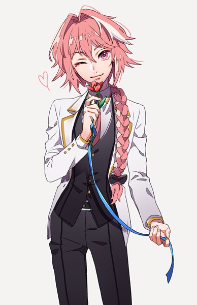 Anime picture 1086x1677 with fate (series) fate/grand order astolfo (fate) tenobe single long hair tall image looking at viewer fringe simple background hair between eyes pink hair braid (braids) head tilt one eye closed pink eyes multicolored hair wink grey background two-tone hair