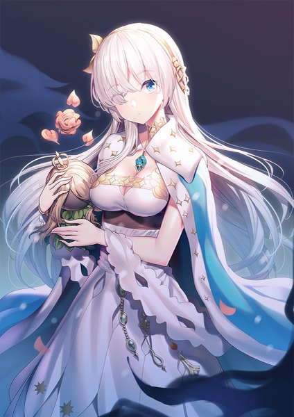 Anime picture 849x1200 with fate (series) fate/grand order anastasia (fate) viy (fate) ririko (zhuoyandesailaer) single long hair tall image looking at viewer blush fringe breasts blue eyes standing holding cleavage silver hair head tilt hair over one eye floating hair