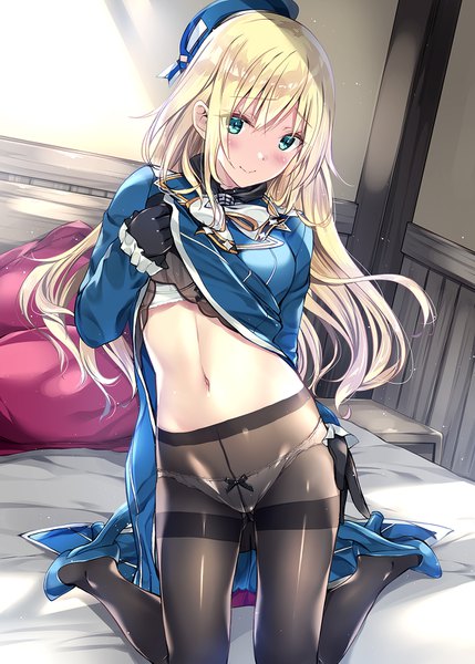 Anime picture 1110x1553 with kantai collection atago heavy cruiser kobayashi chisato single long hair tall image looking at viewer blush fringe blue eyes light erotic blonde hair smile hair between eyes indoors high heels kneeling dress lift girl dress