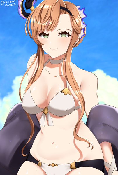 Anime picture 1378x2039 with granblue fantasy song (granblue fantasy) oumifate1 single long hair tall image looking at viewer blush fringe breasts light erotic smile brown hair standing bare shoulders green eyes signed sky cleavage cloud (clouds)