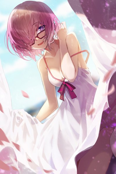 Anime picture 1167x1750 with fate (series) fate/grand order mash kyrielight mash kyrielight (swimsuit of perpetual summer) goomrrat single tall image looking at viewer fringe short hair breasts open mouth light erotic smile standing purple eyes pink hair sky cleavage outdoors