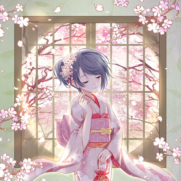Anime picture 1000x1000 with original syrinxwell311 single short hair black hair eyes closed traditional clothes japanese clothes light smile cherry blossoms girl flower (flowers) plant (plants) petals tree (trees) kimono obi kinchaku